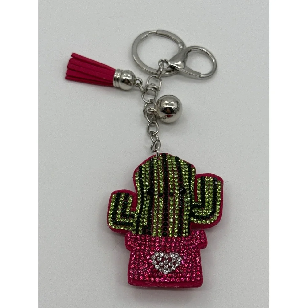 Pink Rhinestone Cactus Keychain with Tassel and Bell Bag Charm Accessory